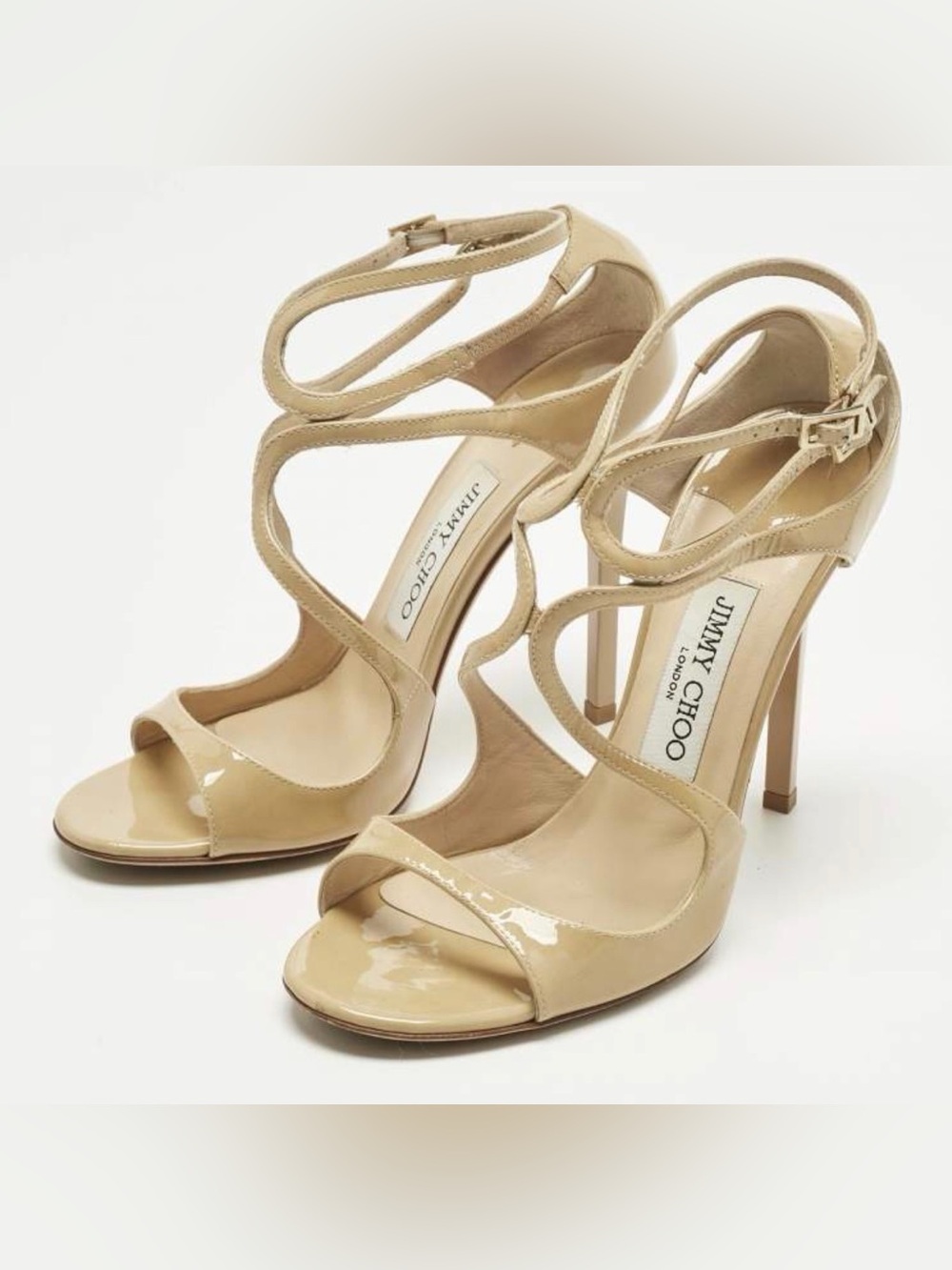 Jimmy Choo Lang Beige Patent Leather Ankle Strap Sandals size 38.5
